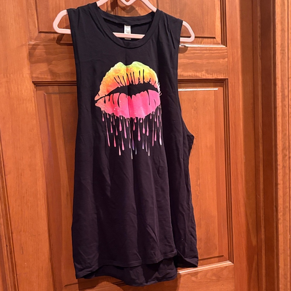 Lucky Brand Black Muscle Tee with Vibrant Lip Graphic